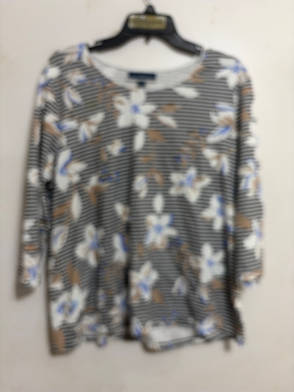 Karen Scott Striped Floral Long Sleeve Top in Black, White, Blue & Brown